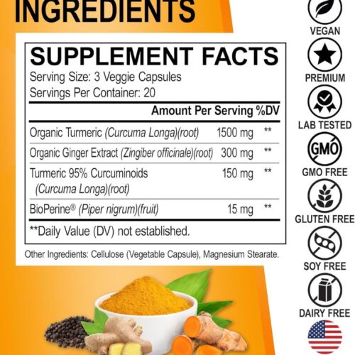 Turmeric Curcumin with BioPerine & Ginger Supplement - 1950mg (60 Capsules) Price in Dhaka