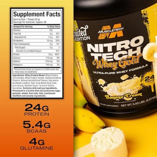 MuscleTech Whey Protein Powder (Banana Cream, 5LB) - Nitro-Tech Whey Protein Isolate Smoothie Mix for Lean Muscle & Fast Recovery - 24g of Whey Gold Protein for Women & Men - Gluten-Free price in Bangladesh