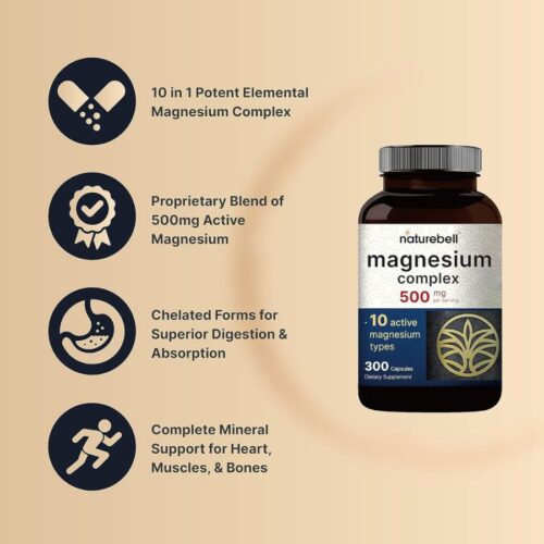 NatureBell Magnesium Complex 500mg | 10-in-1 Magnesium Glycinate, Citrate, Malate & More | 300 Capsules Price in Dhaka